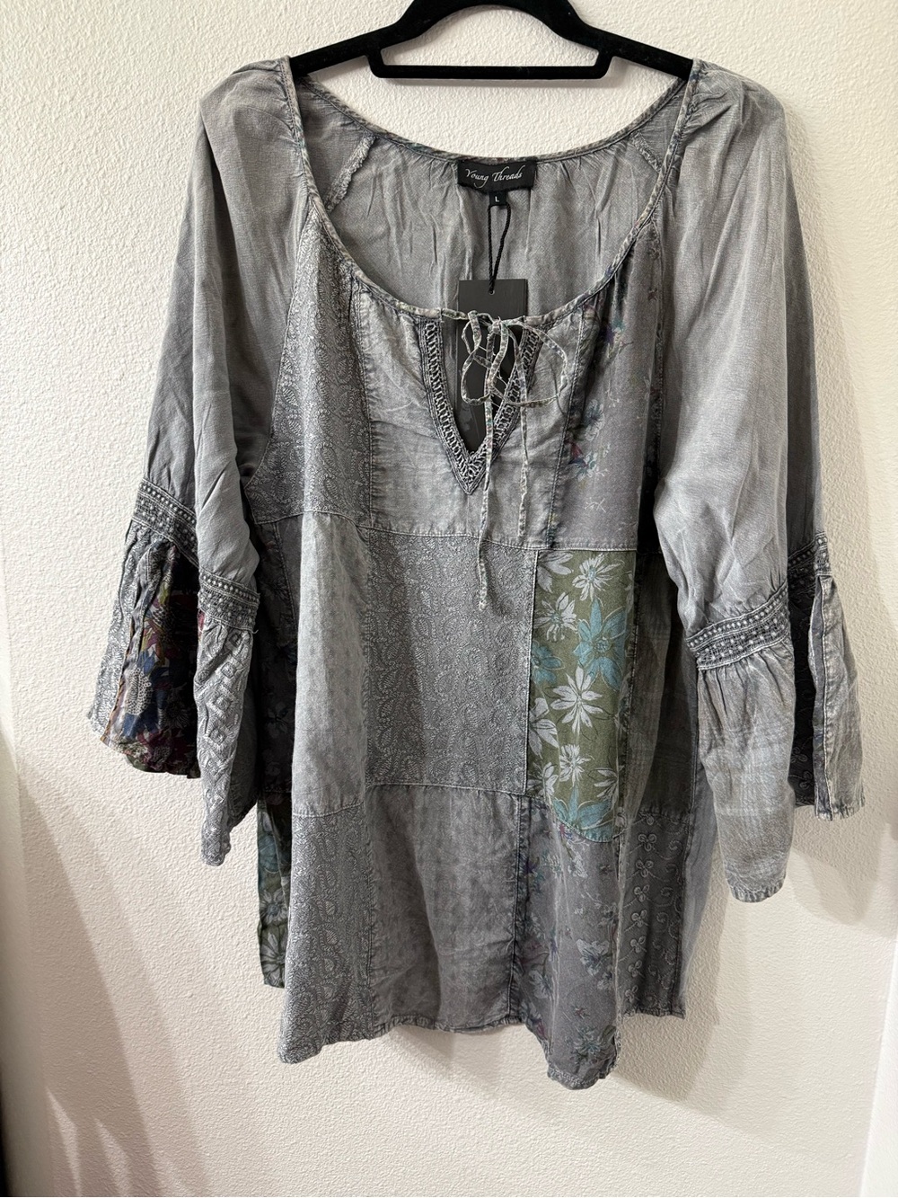 Young Threads Gray Patchwork Peasant Tunic Top with Embroidery